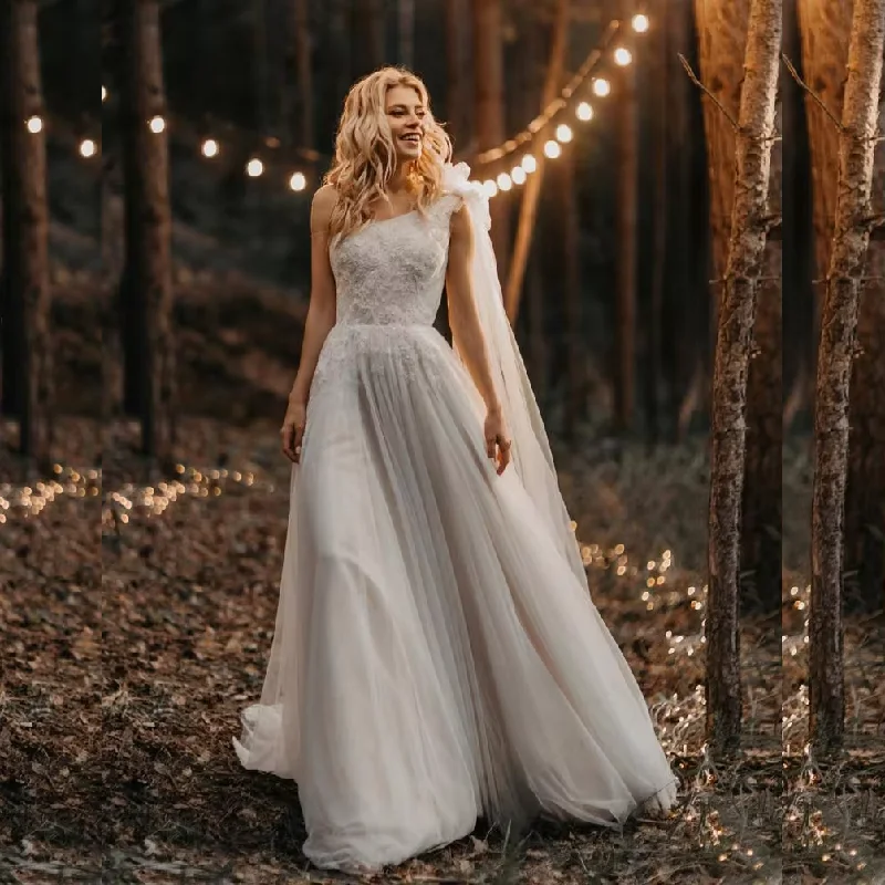 Savings Galore Custom One-Shoulder Ruched Tulle Beach Boho Wedding Dress with Beading & Floral Appliqué Savings Galore Custom One-Shoulder Ruched Tulle Beach Boho Wedding Dress with Beading & Floral Appliqué