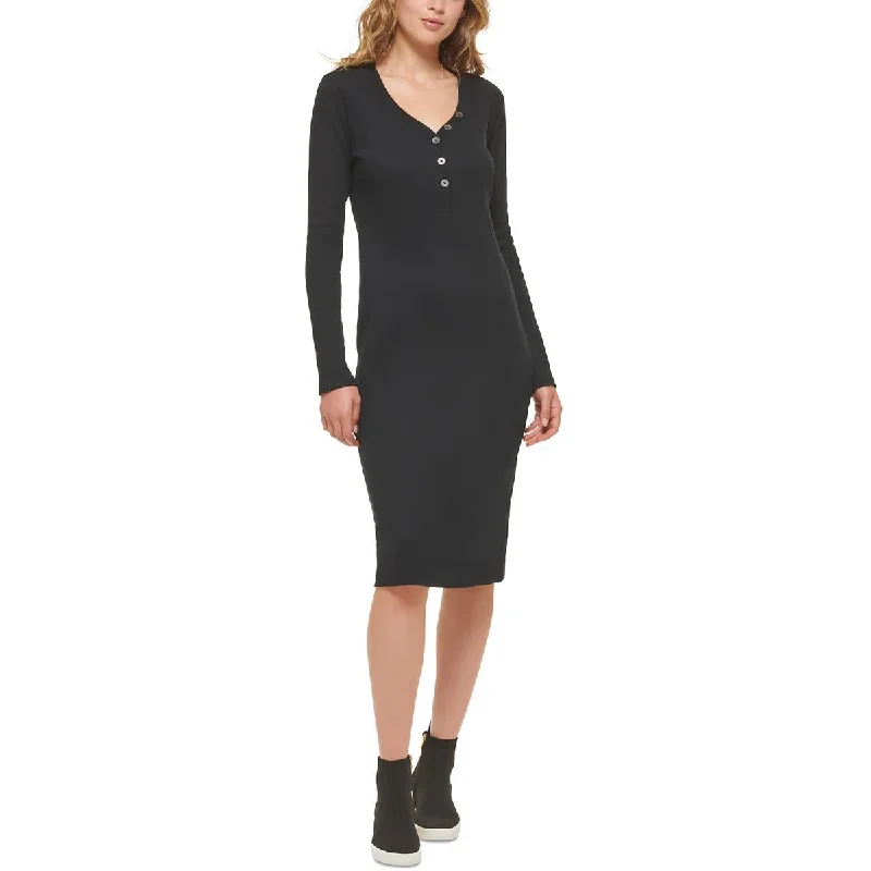 DKNY Jeans Womens Henley Neckline Long Sleeve Midi Dress