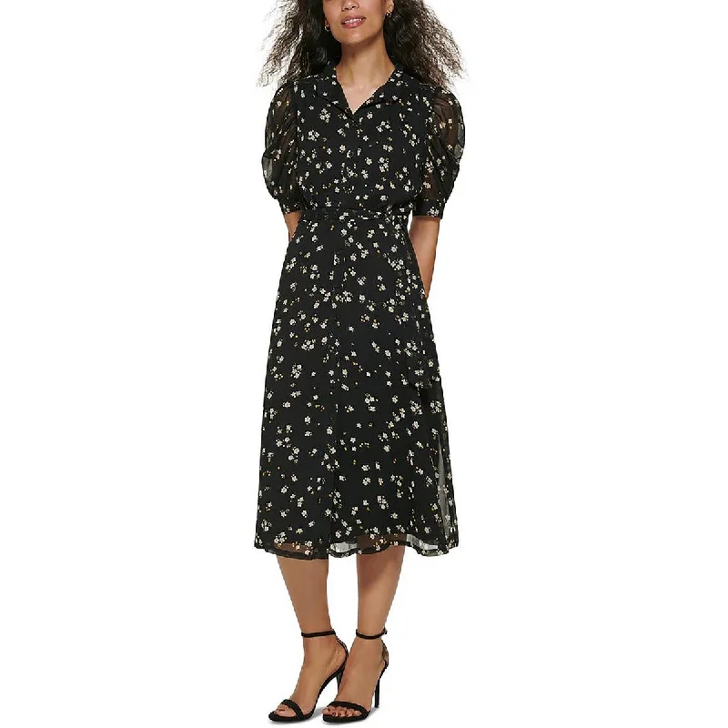 DKNY Womens Chiffon Floral Print Midi Dress