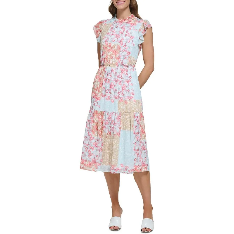 Super Deal DKNY Womens Floral Tiered Midi Dress