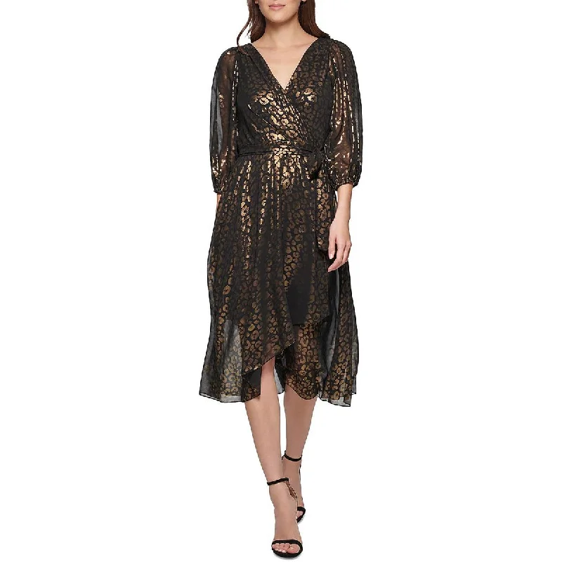 Weekend Deals DKNY Womens Metallic Midi Wrap Dress
