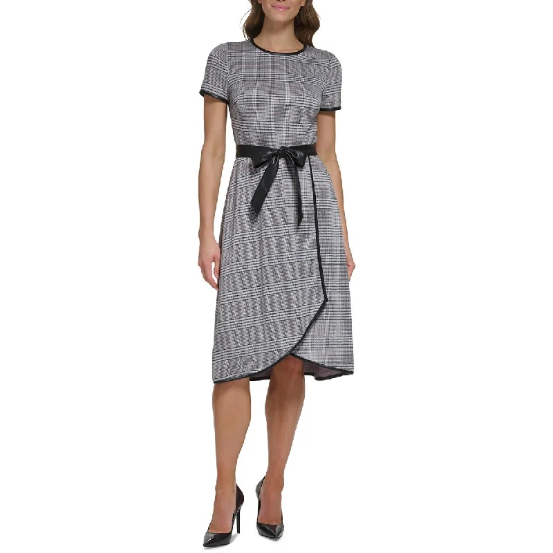 Flash Shopping Deal DKNY Womens Plaid Faux Wrap Midi Dress