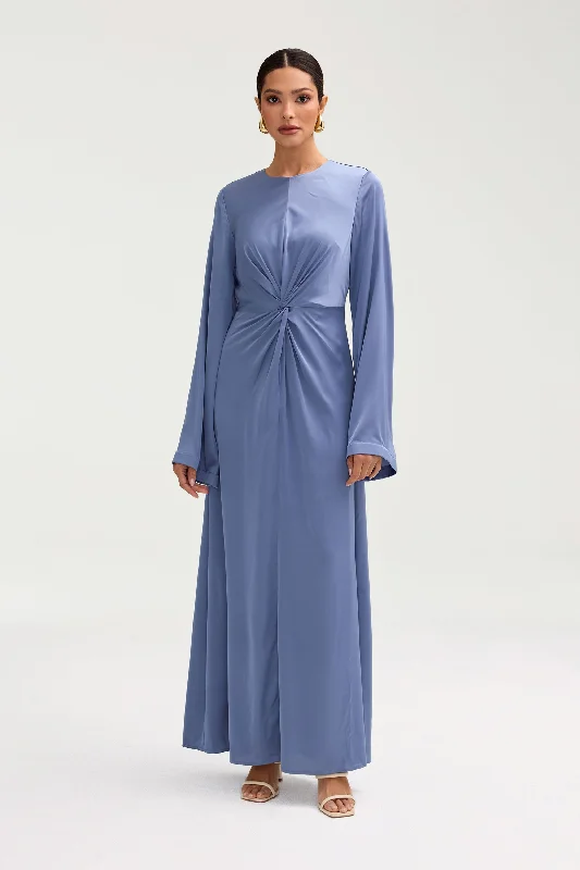 Weekend Price Slash Duha Satin Twist Front Maxi Dress - Dusty Blue