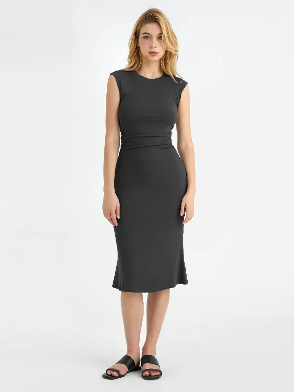 Weekend Hot Picks Ruched Side Wide Shoulder Crew Midi Dress