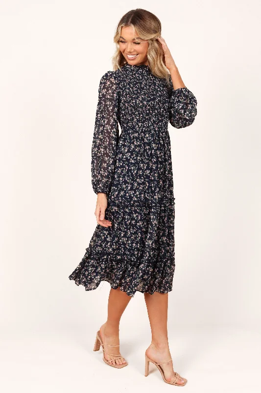 Weekend Savings Mania Edwina Shirred Frill Long Sleeve Midi Dress - Navy Floral