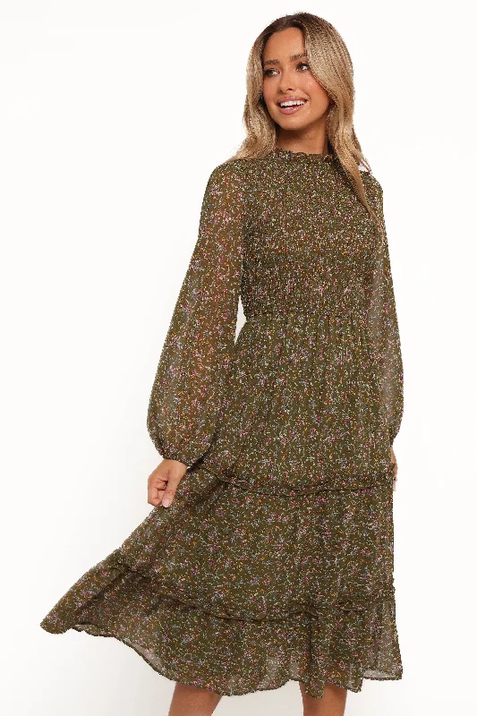Unbeatable Offer Edwina Shirred Frill Long Sleeve Midi Dress - Olive Floral