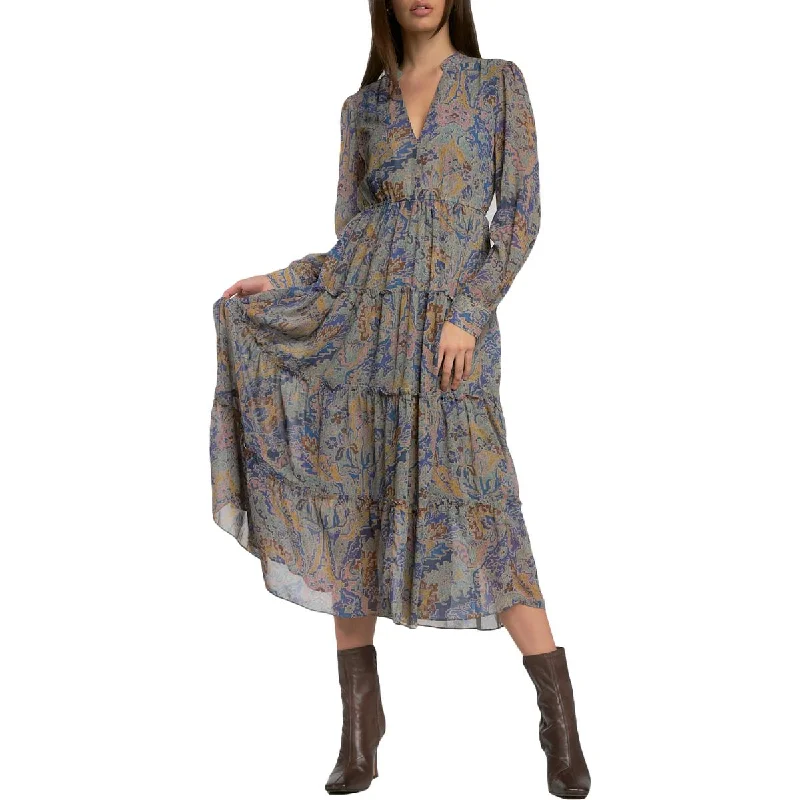 Elan Women's Printed V-Neck Long Sleeve A-Line Midi Dress