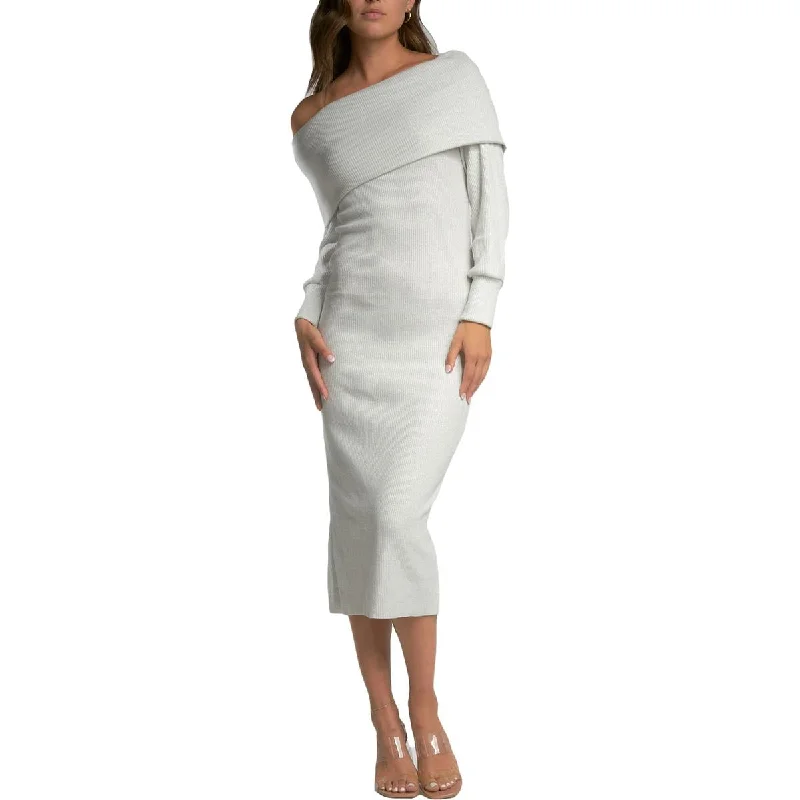 Weekend Exclusive Bargains Elan Women's Ribbed Knit Long Sleeve Off The Shoulder Midi Sweaterdress