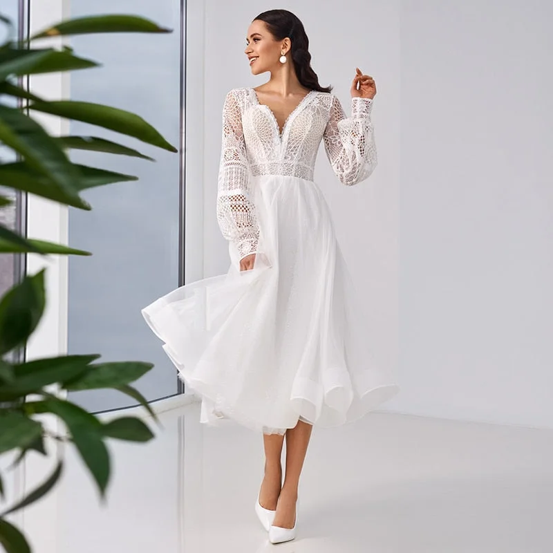 Grab It Now Elegant V-Neck Lace Long Sleeve Custom Made Tea Length Wedding Dress