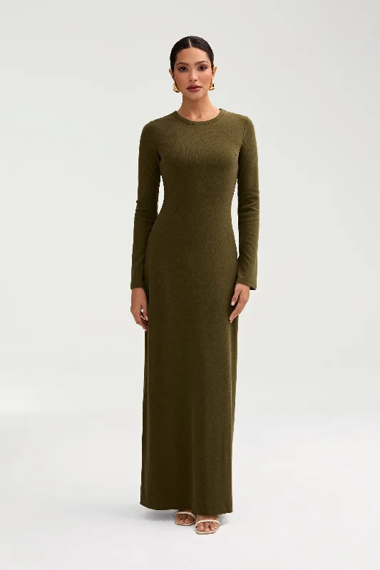 Exclusive Flash Sale Ella Ribbed Split Cuff Maxi Dress - Olive Night