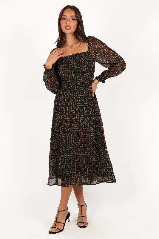 Today's Offer Ettie Long Sleeve Midi Dress - Pine/Tan