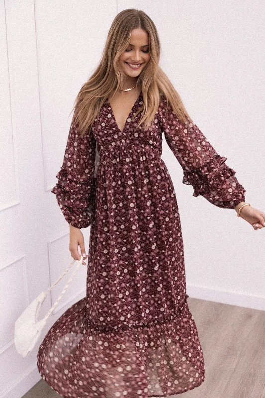 Deal Frenzy Evian Long Sleeve Maxi Dress - Burgundy Multi