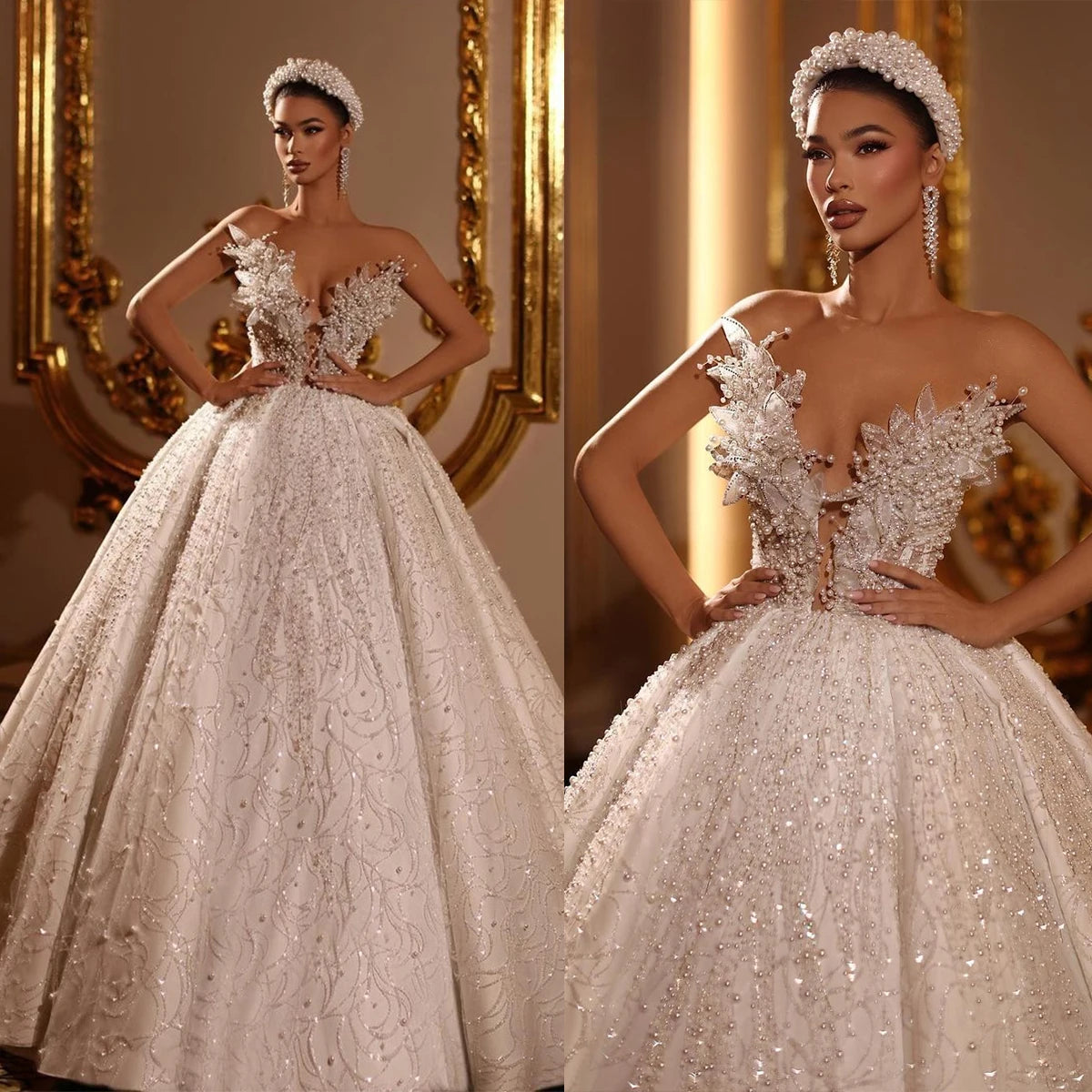 Limited-Time Deal Pearl Beaded Lace Wedding Dress - Custom V-Neck Gown