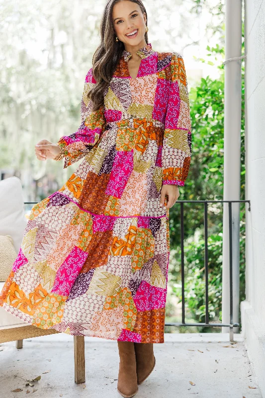 Limited-Time Bargains Fate: Happy For You Fuchsia Pink Patchwork Midi Dress