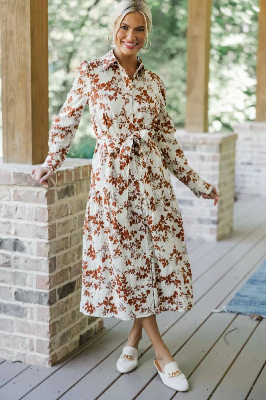 Weekend Savings Bonanza Fate: On Call Ivory/Brown Floral Midi Dress