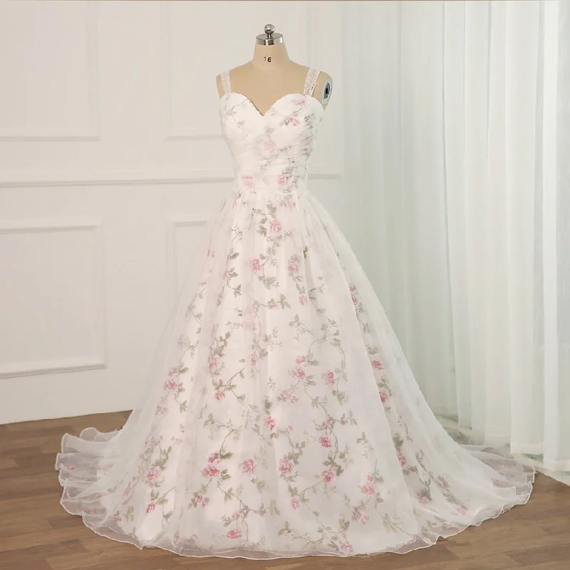 Weekend Markdown Madness Floral Print Wedding Dress Plus Size Pleats Beading Sequins Dress