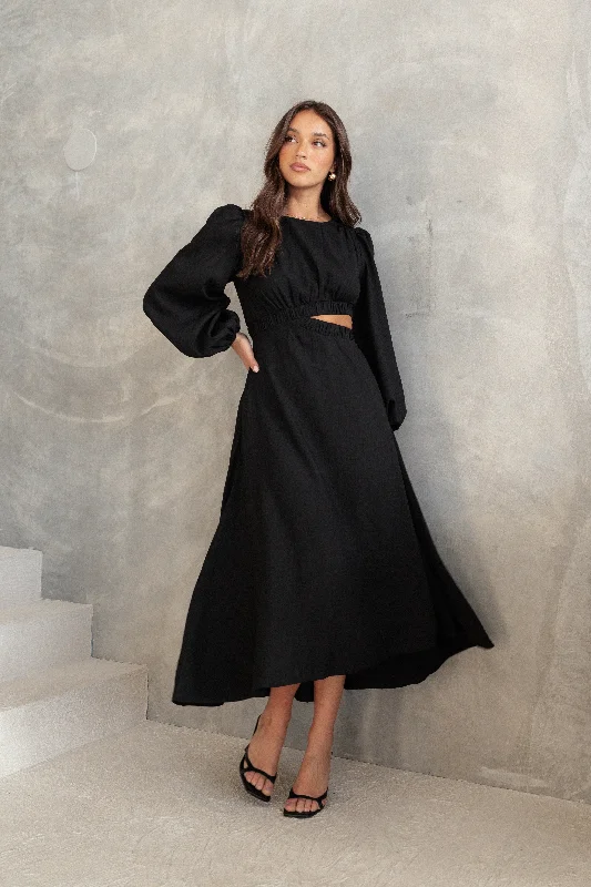 Exclusive Offer Ginnee Puff Sleeve Cutout Midi Dress - Black