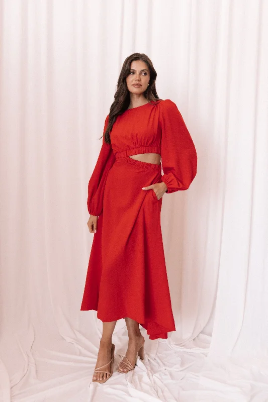 Shop Now and Save Ginnee Puff Sleeve Cutout Midi Dress - Red