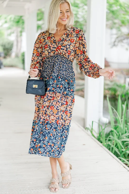 Weekend Clearance Event Go For It Navy Blue Ditsy Floral Midi Dress