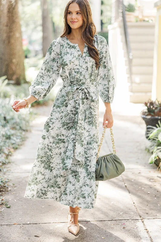 Weekend Wonders Good Intentions Olive Green Toile Midi Dress