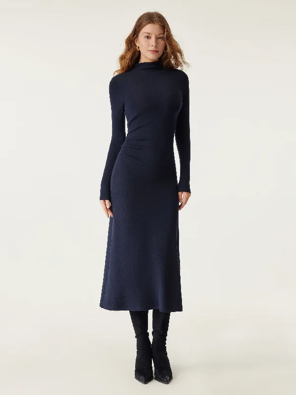 Seasonal Sale Heat-Tech Long Sleeves Mockneck Tucks Midi Dress