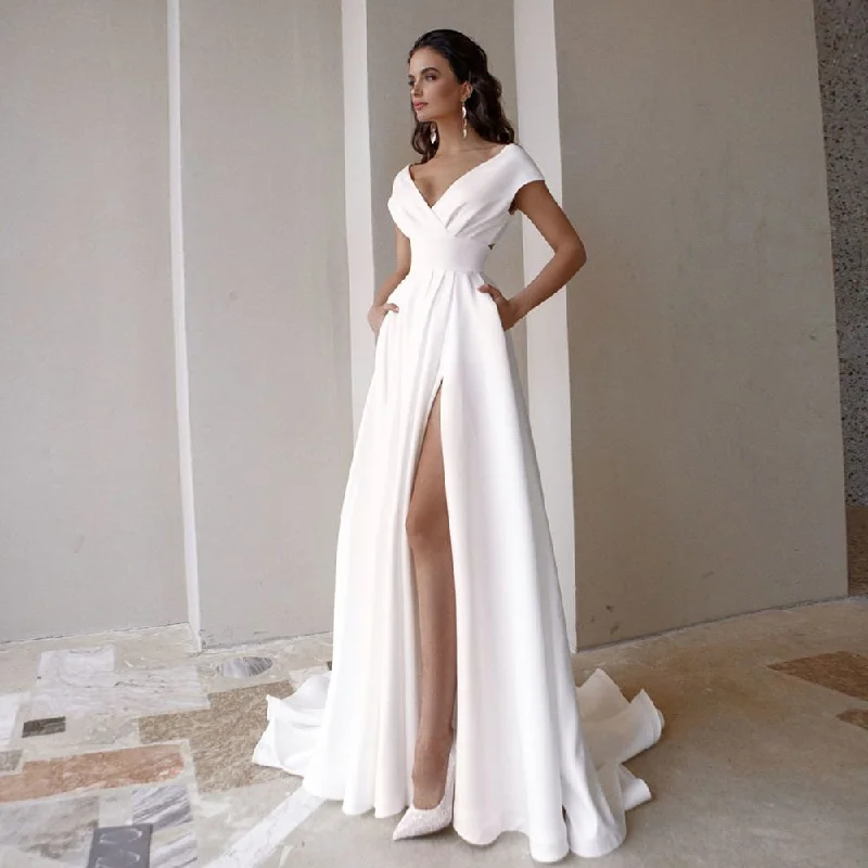 Unbeatable Offer High Slit Off the Shoulder V-Neck Wedding Dress