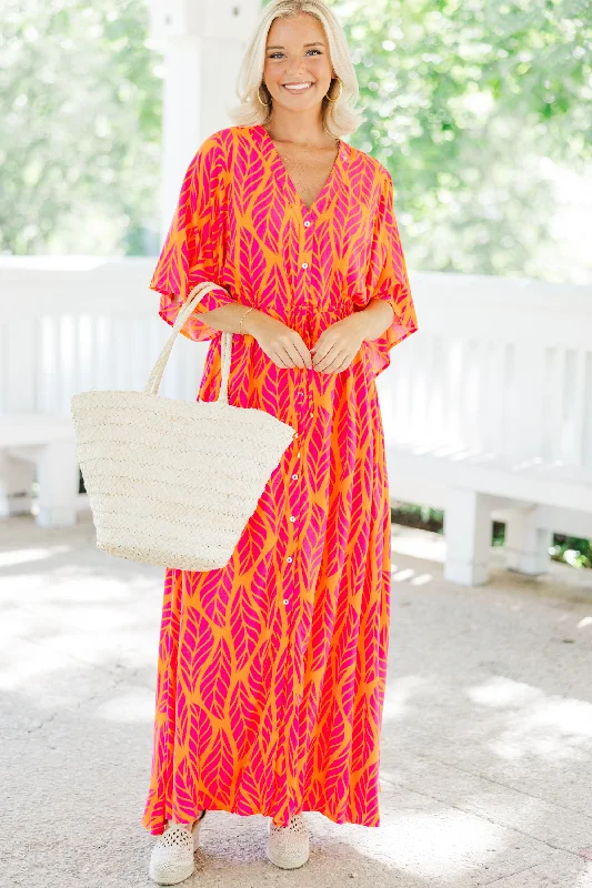 Weekend Steals Await In Good Spirits Hot Pink Feather Maxi Dress