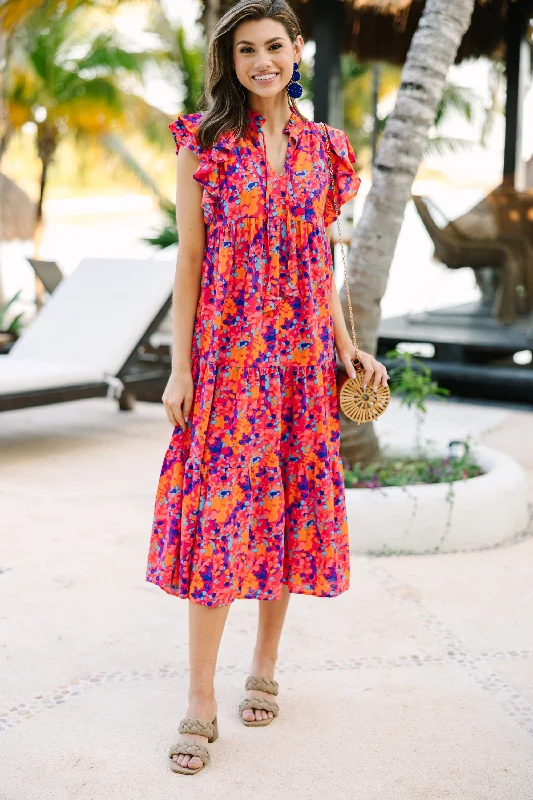 Weekend Price Slash Event It's All Clear Fuchsia Pink Floral Midi Dess