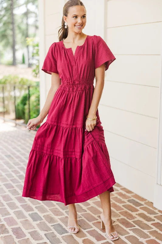 Final Clearance It's In The Air Burgundy Red Tiered Midi Dress