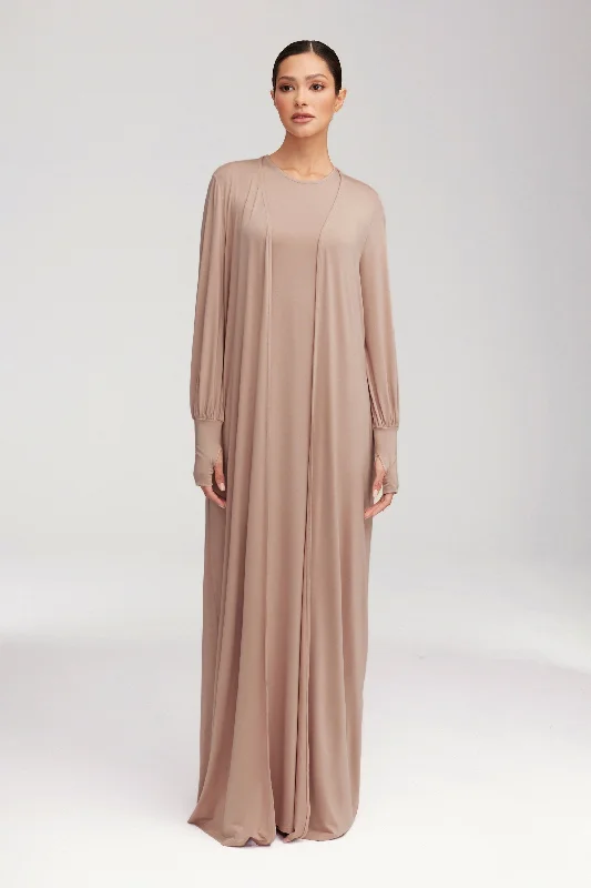 Weekend Deal Fever Jenin Jersey Open Abaya & Maxi Dress Set - Mink