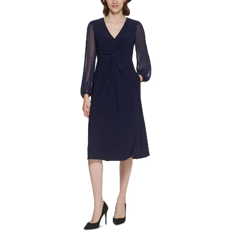 Weekend Big Discount Event Jessica Howard Womens Petites Chiffon Sleeves Ruched Midi Dress
