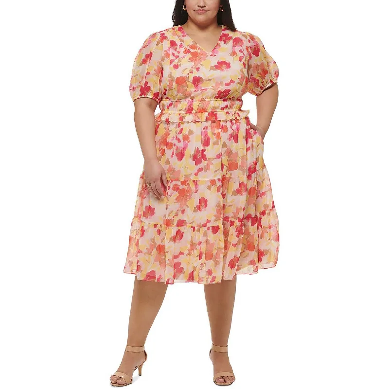Weekend Price Slash Jessica Howard Womens Plus Chiffon Floral Midi Dress