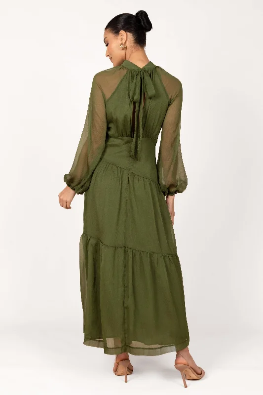 Julip Sheer Long Sleeve Maxi Dress - Olive