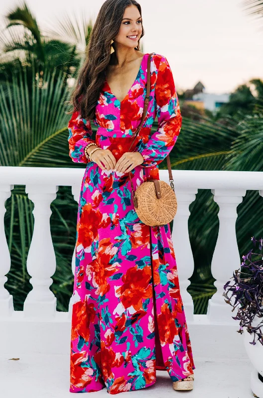 Weekend Bargain Shopping Just Feels Right Fuchsia Pink Floral Maxi Dress