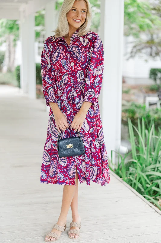 Weekend Price Drop Event Just Having Fun Wine Red Paisley Midi Dress