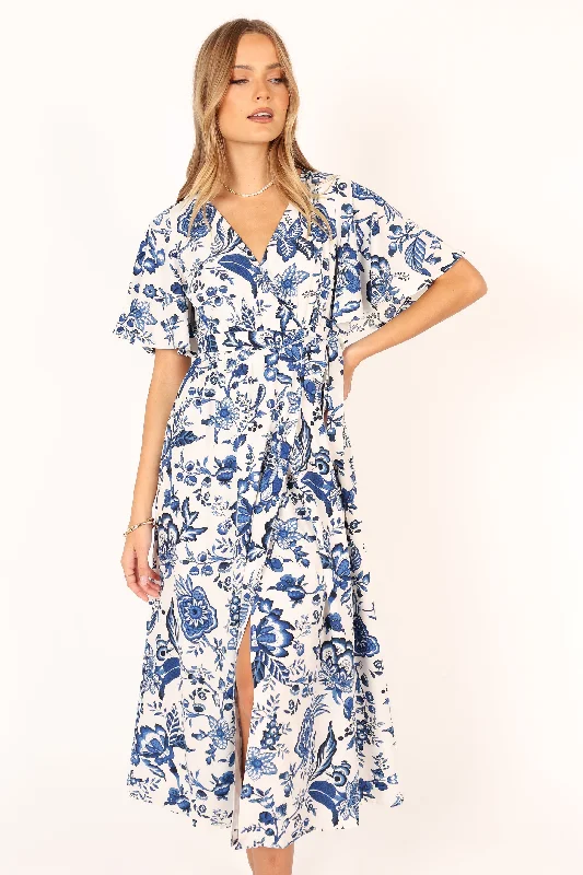 Weekend Markdown Madness Kaleen Midi Wrap Dress - White Blue