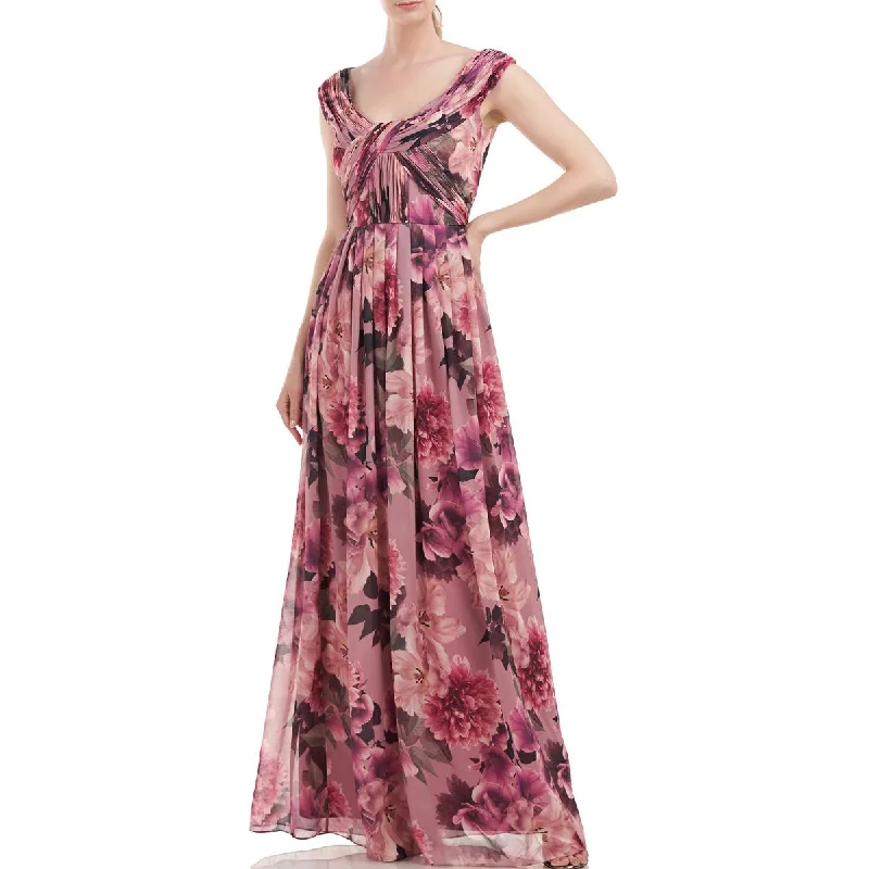 Exclusive Savings Kay Unger New York Womens Floral Pleated Evening Dress