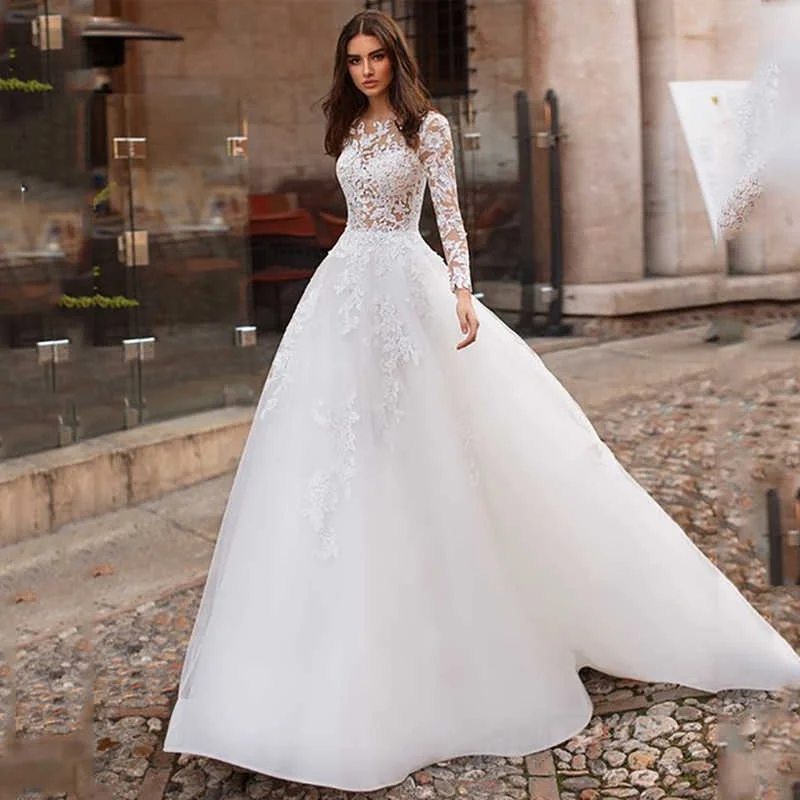 Exclusive Flash Sale Lace Appliques Tulle A-line Long Wedding Dress Long Sleeve Bridal Dresses Exclusive Flash Sale Lace Appliques Tulle A-line Long Wedding Dress Long Sleeve Bridal Dresses