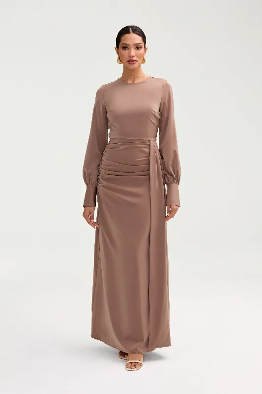 Weekend Wonders Laylani Satin Rouched Maxi Dress - Taupe
