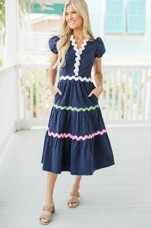 Weekend Shop Now Life's A Party Navy Blue Rickrack Midi Dress