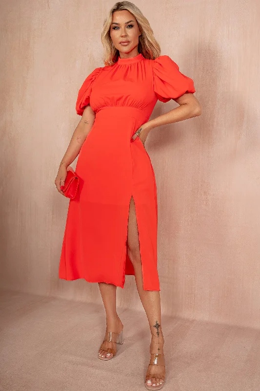 Shop & Save Now Lilith Orange Puff Sleeve Midi Dress