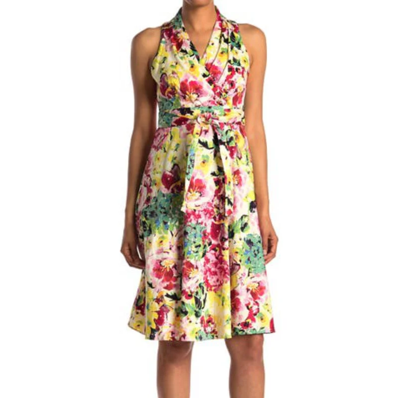 London Times Women's Cotton Blend Floral Print Belted Fit & Flare Midi Dress