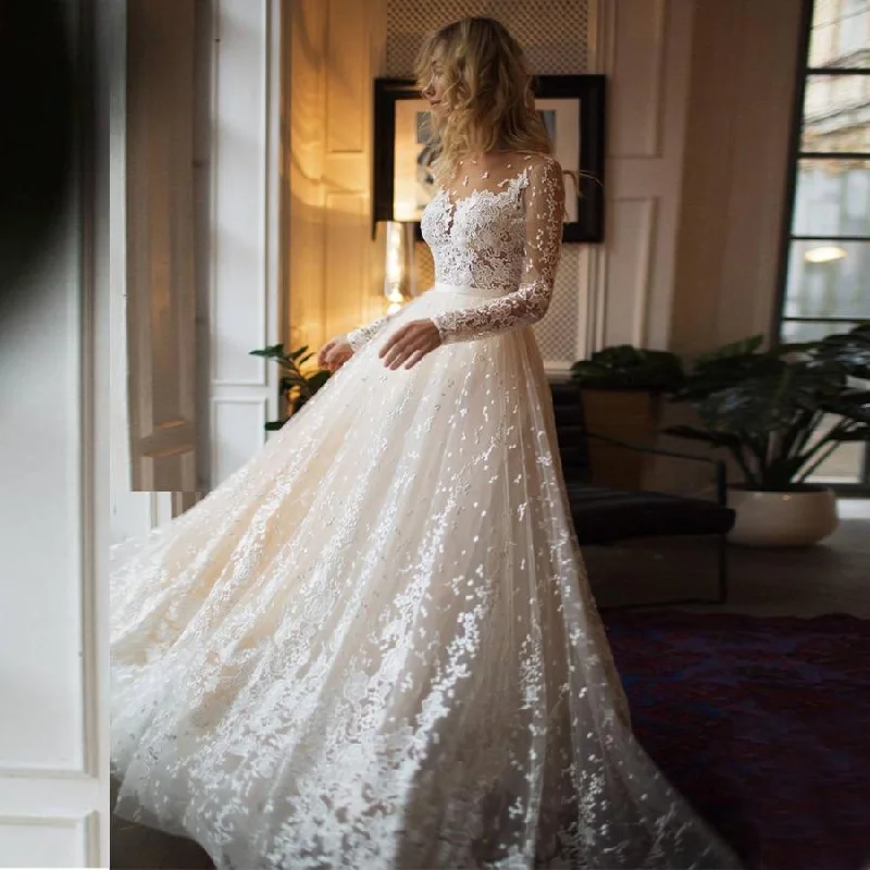 Hurry, While Stocks Last Long Sleeves Open Back Champagne Wedding Dress