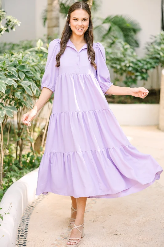 Weekend Shopping Extravaganza Love Found Lavender Purple Tiered Midi Dress