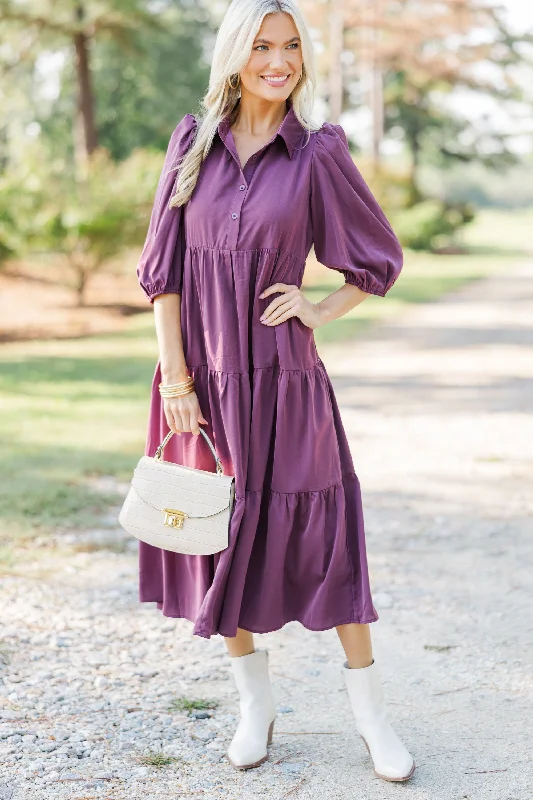 Weekend Flash Discount Love Found Plum Purple Tiered Midi Dress
