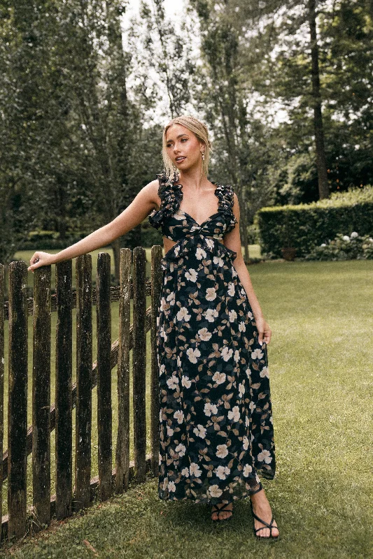 Weekend Shopping Highlights Lucah Frill Shoulder Maxi Dress - Black Floral
