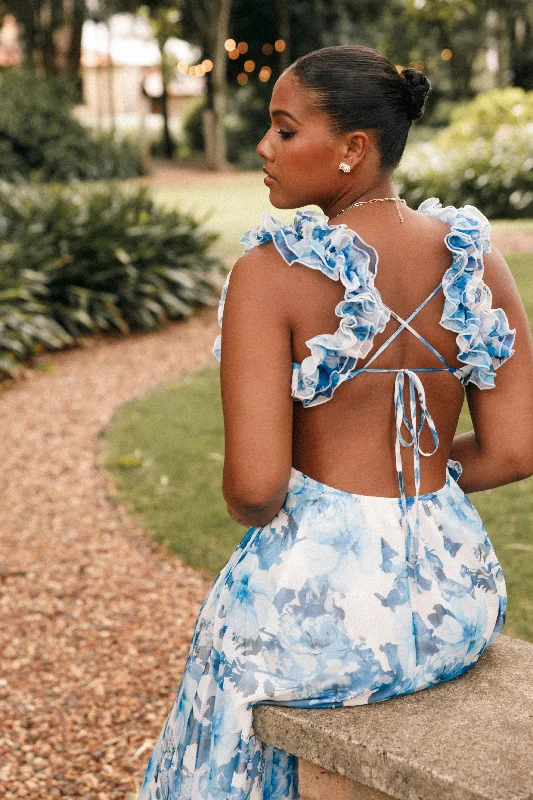 Weekend Super Sale Frenzy Lucah Frill Shoulder Maxi Dress - Blue White Floral