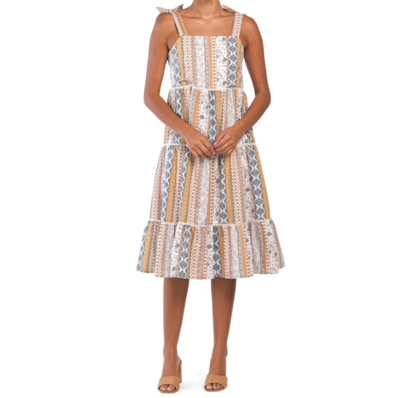 Lucky Brand Women's Floral Stripe Shoulder Tie Smock Tiered Cotton Summer Midi Dress