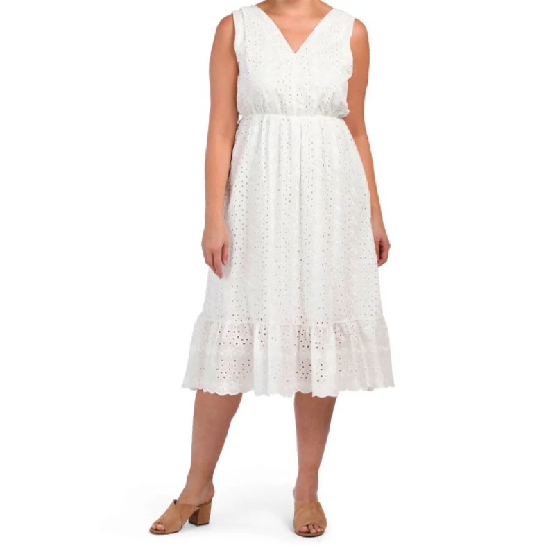 Lungo L'arno Italy Plus Ruffle Hem Cotton Eyelet Midi Dress