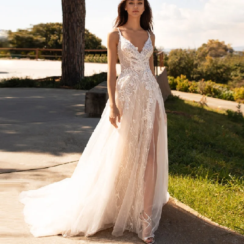 Seasonal Discounts Luxury Beaded Lace Spaghetti Straps Bohemian Wedding Dress